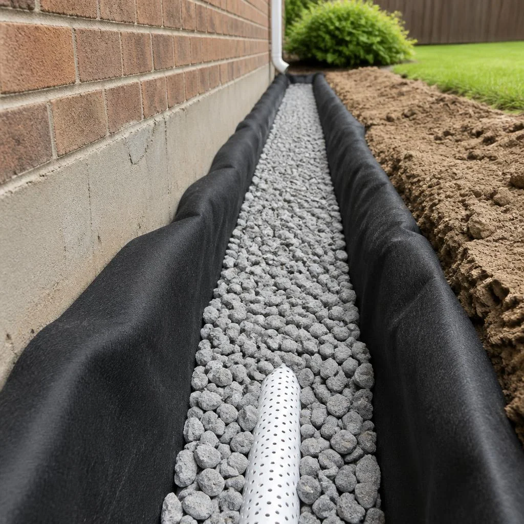 A nearly complete French drain trench lined with fabric, gravel, and perforated pipe beside a home foundation